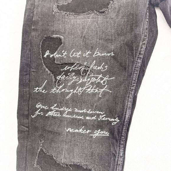Zara Ripped Denim Graphic Text Distressed Denim Jeans Black/Gray NWT Size 40 - Picture 5 of 10
